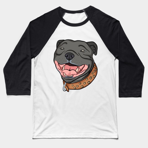 Staffy - Smiling Staffordshire Bull Terrier Baseball T-Shirt by Josh Diaz Villegas